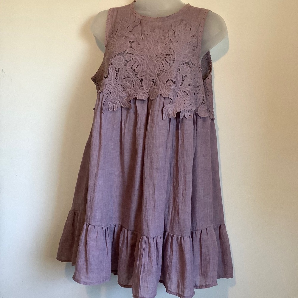Umgee Womens Mauve Purple Lace Crochet Boho Gauze Tiered Ruffle Mini Dress Med. - Picture 8 of 9